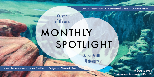 Monthly Spotlight logo featuring: Music Performance, Studies, Design, Cinematic Arts, Art, Theater Arts, Commercial Arts, Communication.