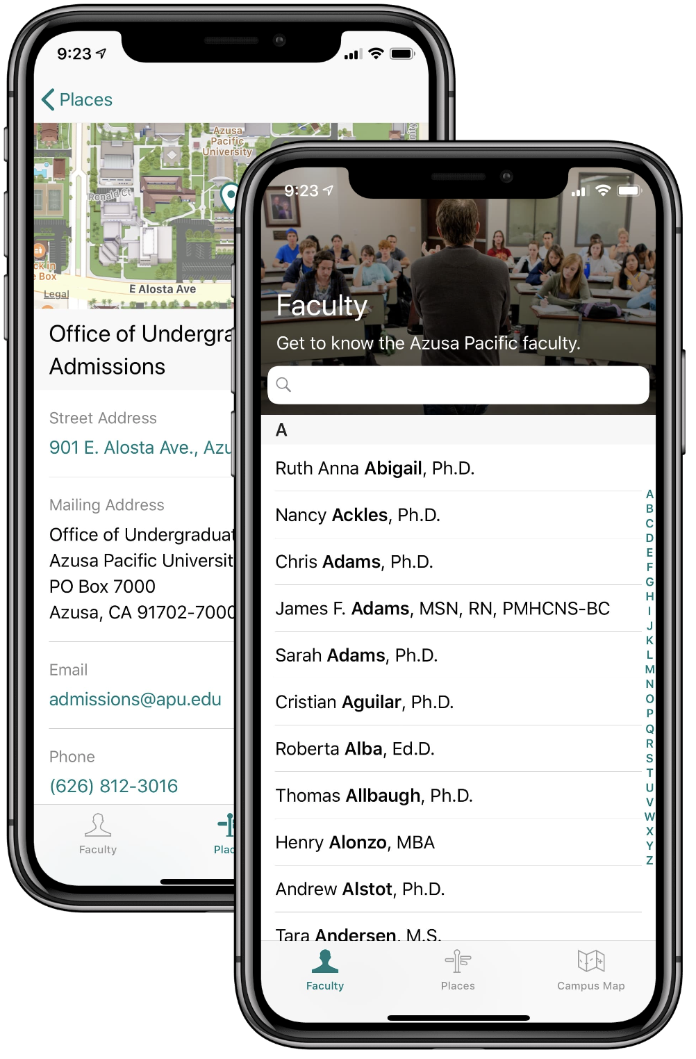 Mobile phone display of APU Directory app