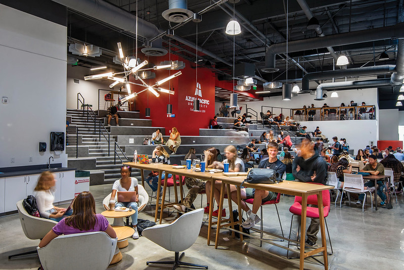 new duke student commons on west campus with students sitting on chairs