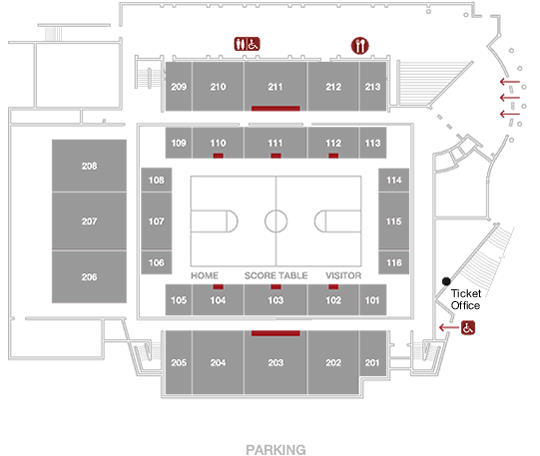 Map of event center set up for basketball events