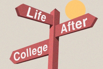 a red signpost saying life, after, college with a sun icon on top.