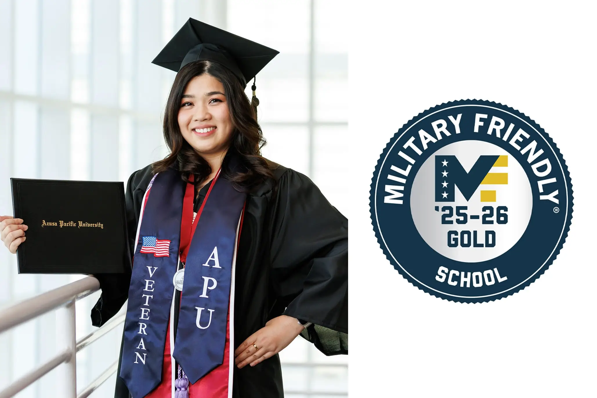 students holding her degree and a blue logo saying military golden logo