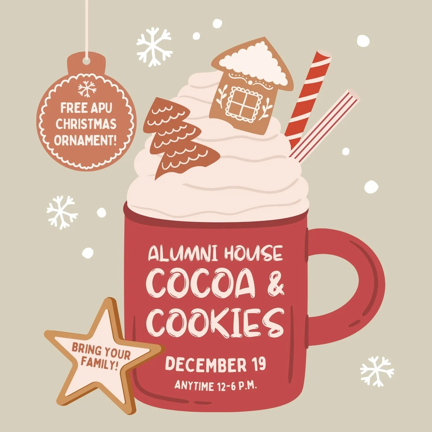 Flyer for Cocoa and Cookies event at the Alumni House on December 10 from anytime between 12 and 6 PM