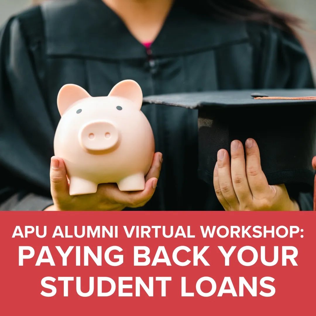 Student holding a piggy bank in one hand and a graduation cap in the other