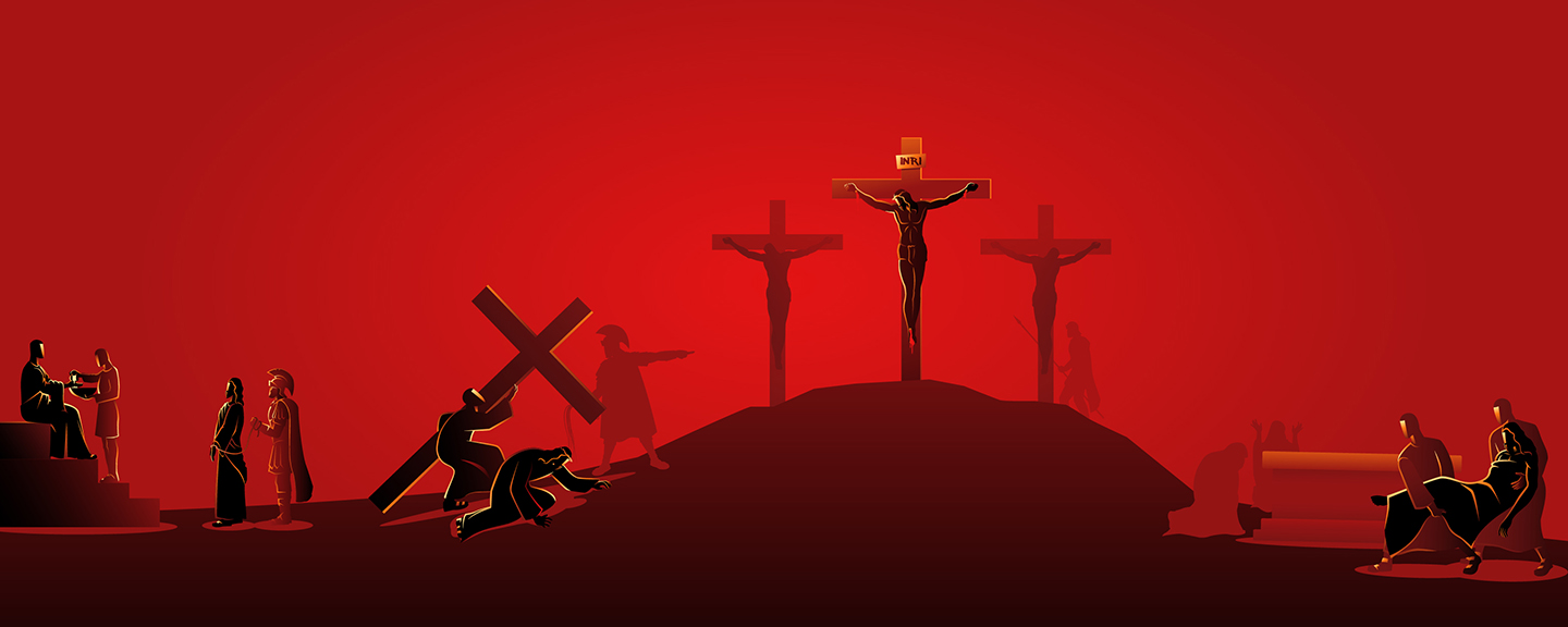 Sillhouettes of crucified people on red background