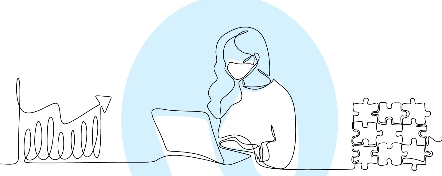 drawing in blue and white that features a student