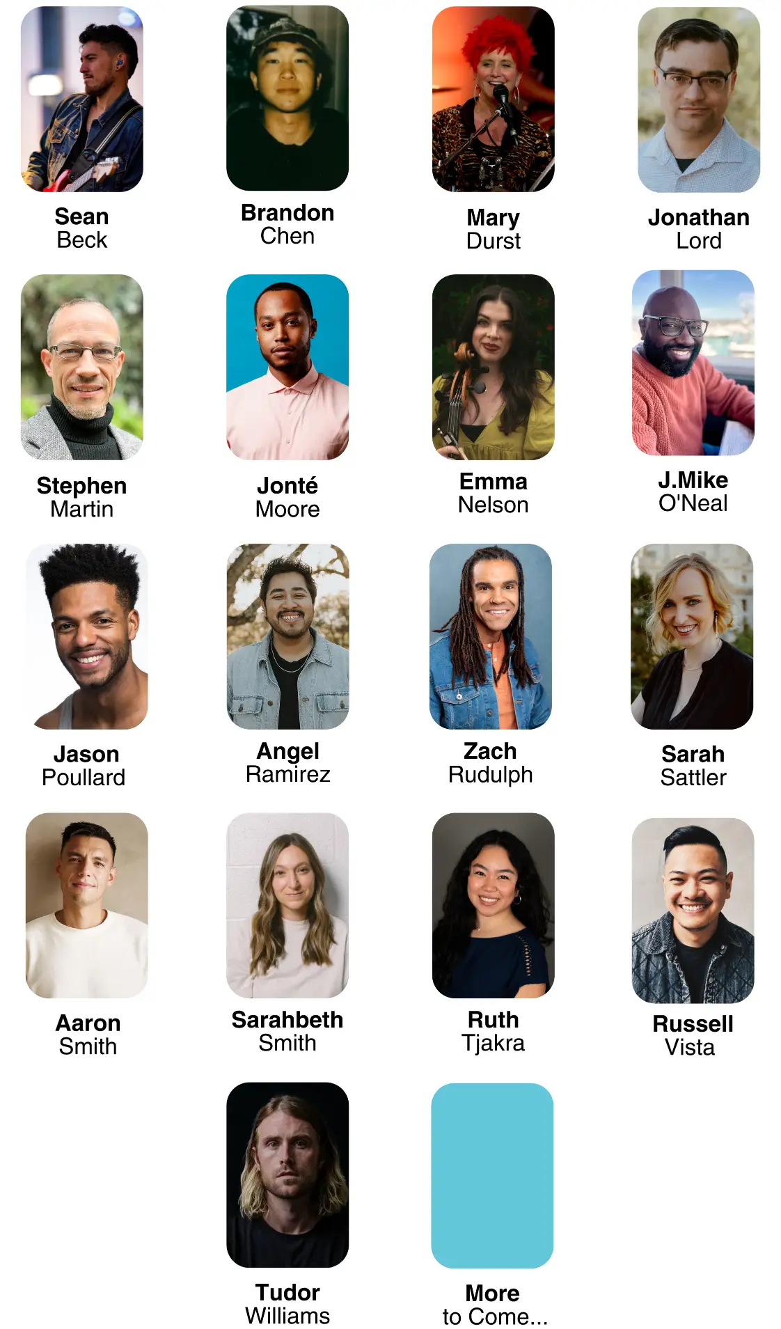squared image of guest artists and speakers with their names under each image.