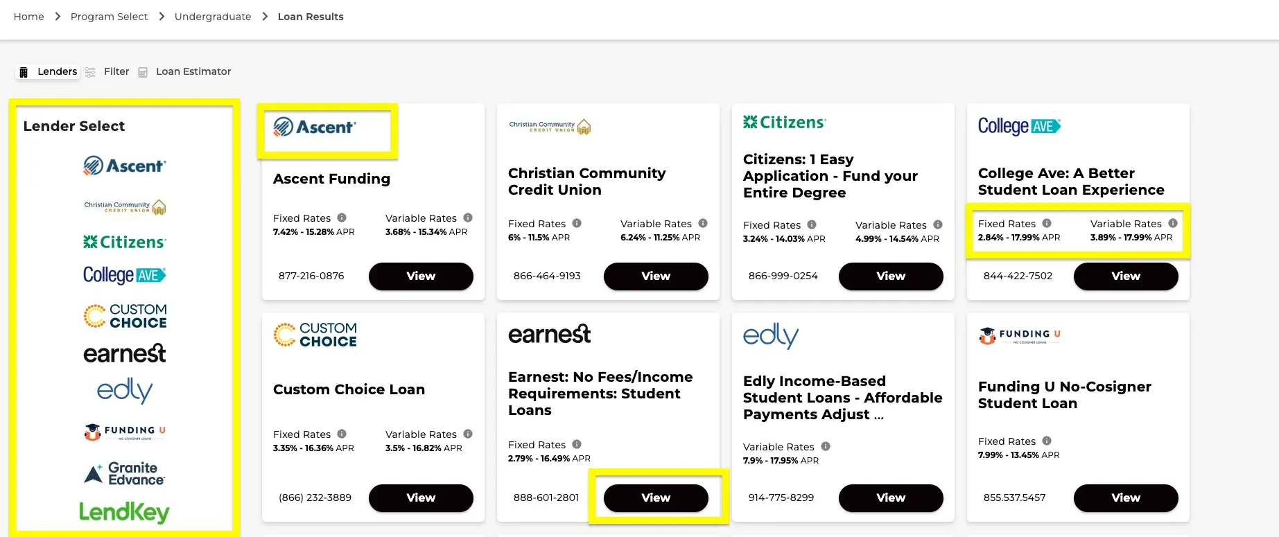 Snapshot of Elm Select with highlighted yellow boxes