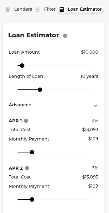 Snapshot of Elm Select loan estimator configurations