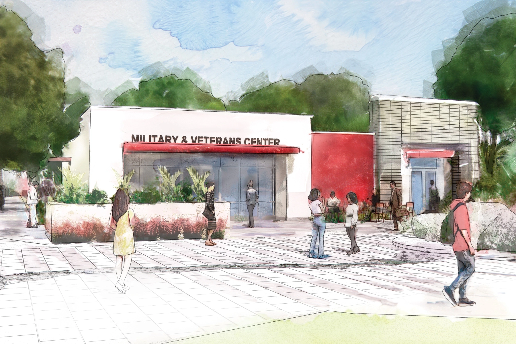 Watercolor rendering of Military and Veteran Center