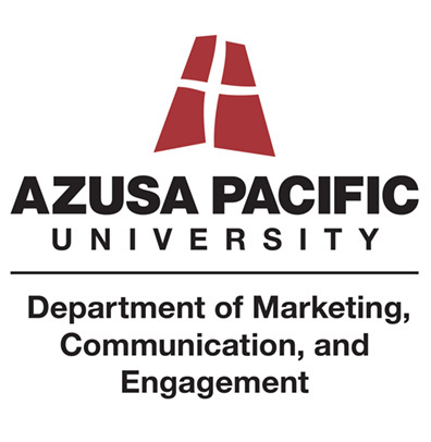 Azusa Pacific University monogram logos, featuring a stylized cross within a red geometric shape next to bold black letters APU, and a black version of the same design below.