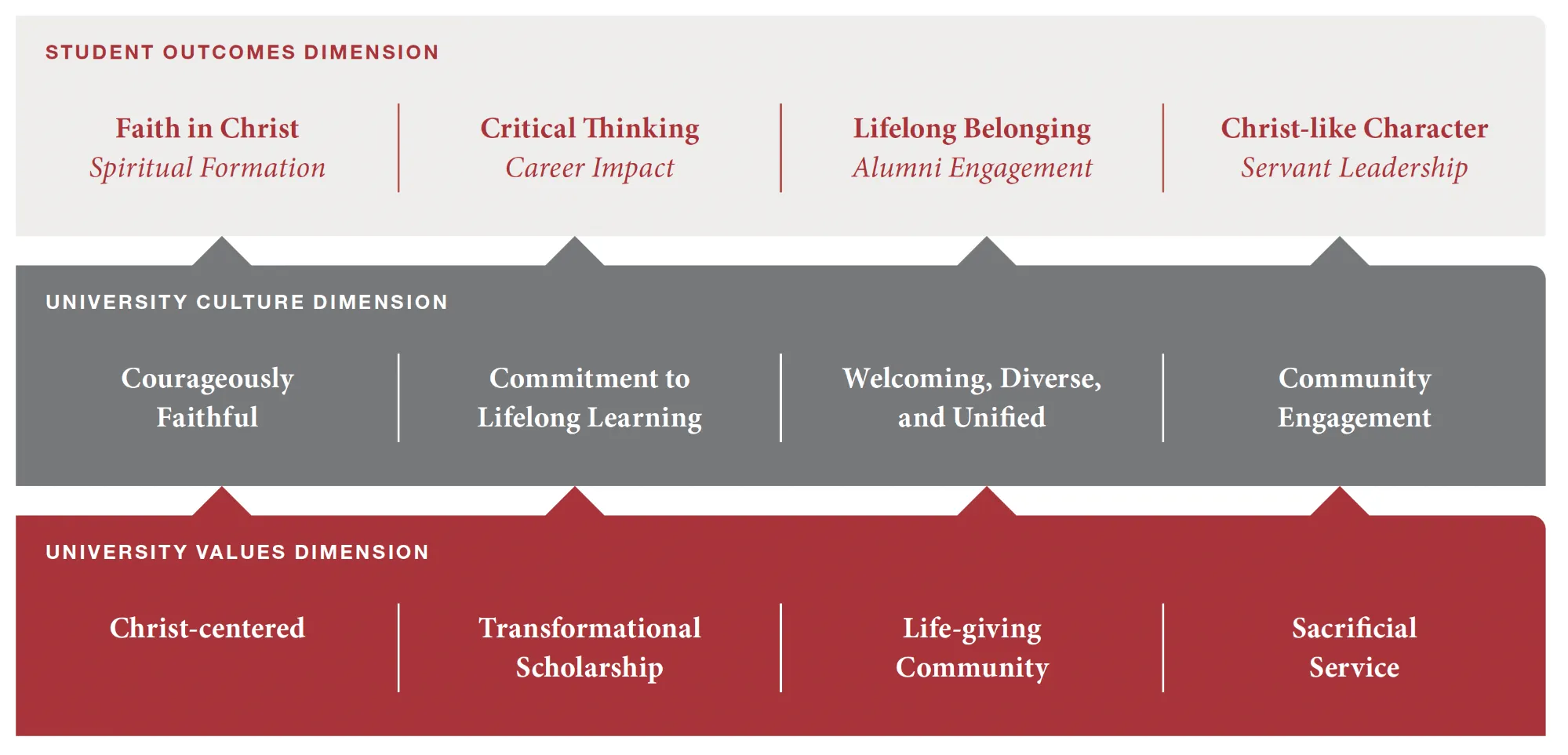 framework in brick, gray, and light gray displaying our dimension for student outcomes, and university cultures and values.