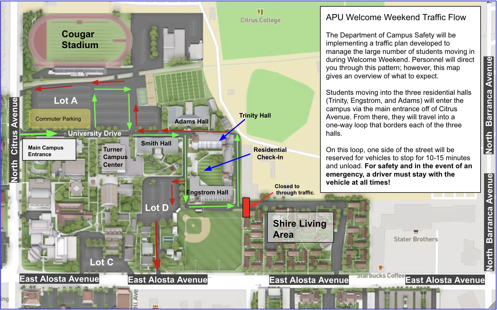 illustration of east campus displaying the correct traffic flow for move-in