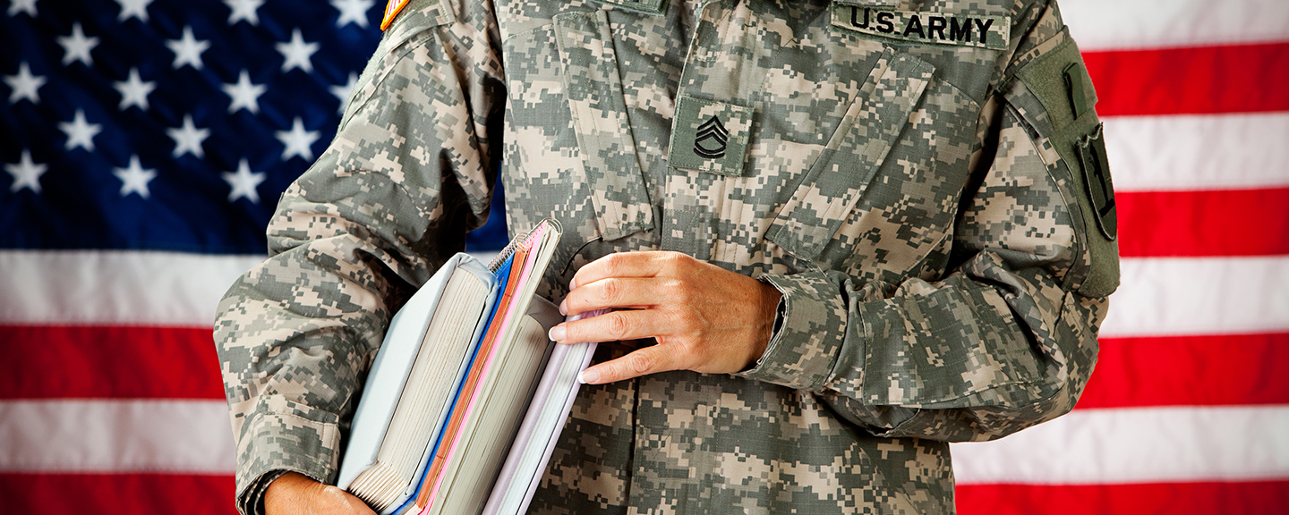 USA flag as the background, and student wearing military gear holding books and notebooks