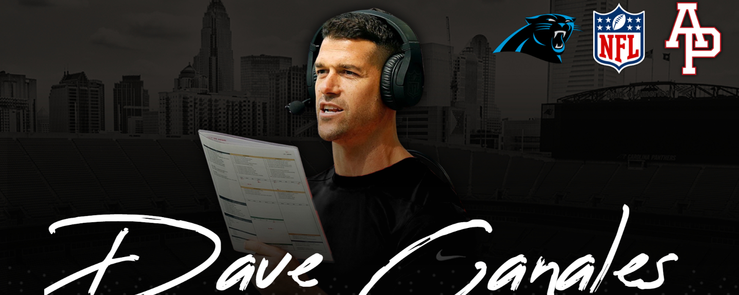 dave canales wearing a headset with with logos of a panther, nfl, and apu on the right side. His name is also written on the image