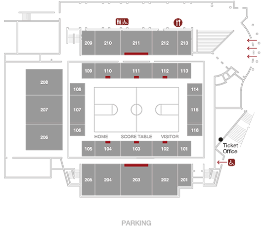 Image of the Basketball Seating Plan highlighting sections the audience should sit down.