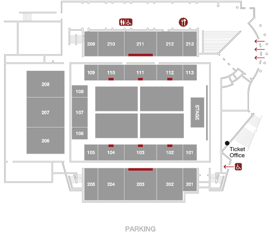Image of the general admission concert seating plan highlighting sections the audience should sit down.
