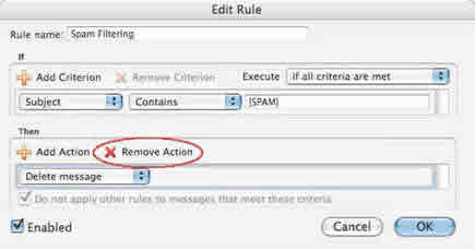 Screenshot of Entourage rule remove action button