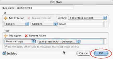 Screenshot of Entourage rule OK button