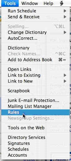 Screenshot of Entourage tools menu with Rules selected