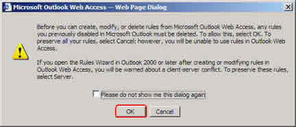 Screenshot of webmail save rules warning
