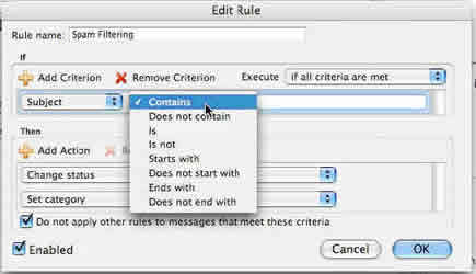 Screenshot of Entourage rule contains selection