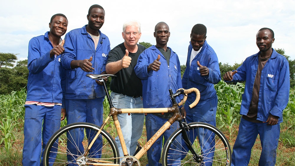 Zambian workers with a finished bicycle